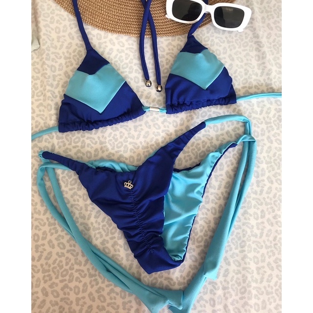 Biquíni cortininha  com calcinha lação dupla face azul royal com azul bebê - calcinha empina bumbum