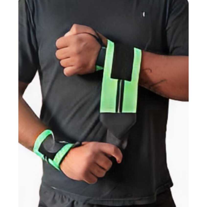 Par Munhequeira Profissional Crossfit Elastico Verde Com Acabamento Couro Preto