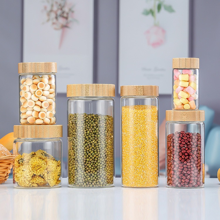 Mini Pote De Vidro Redondo Tampa Bambu Hermético Condimento 90ml/100ml/120ml/200ml/250ml/300ml