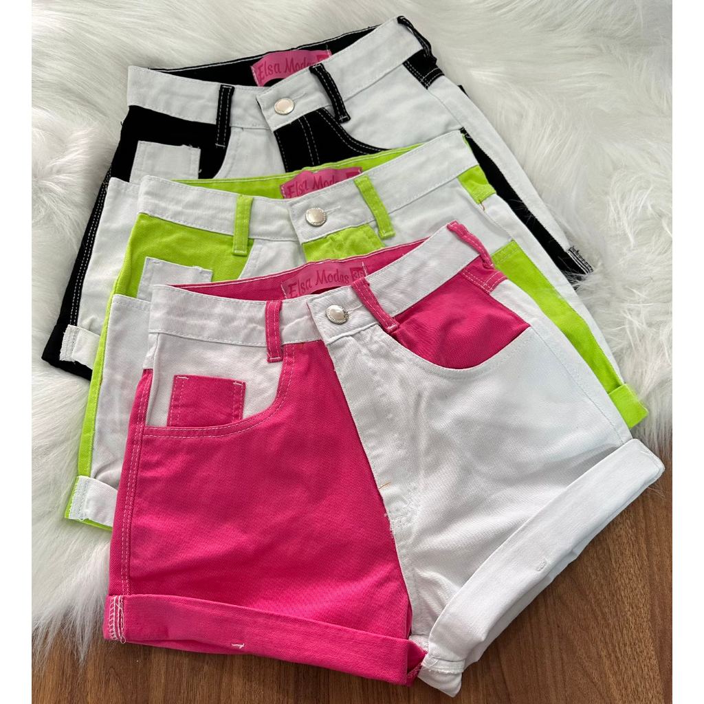 Shorts jeans com painéis shotrs mom feminina Short com bicolor em Oferta na Shopee