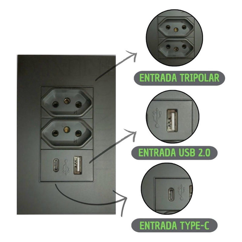 Tomada de Parede Dupla Com Entrada Usb e tipo C Preta 5V Bivolt - 4 em 1 Carregamento Rápido Multi Carregamento