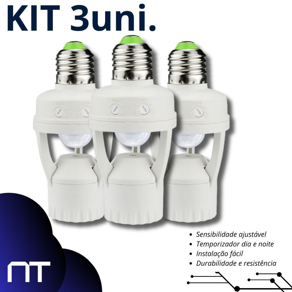 Kit com 2 ou 3 Soquetes de Luz com Sensor de Movimento Bivolt Configuravel e Economico para Lampada