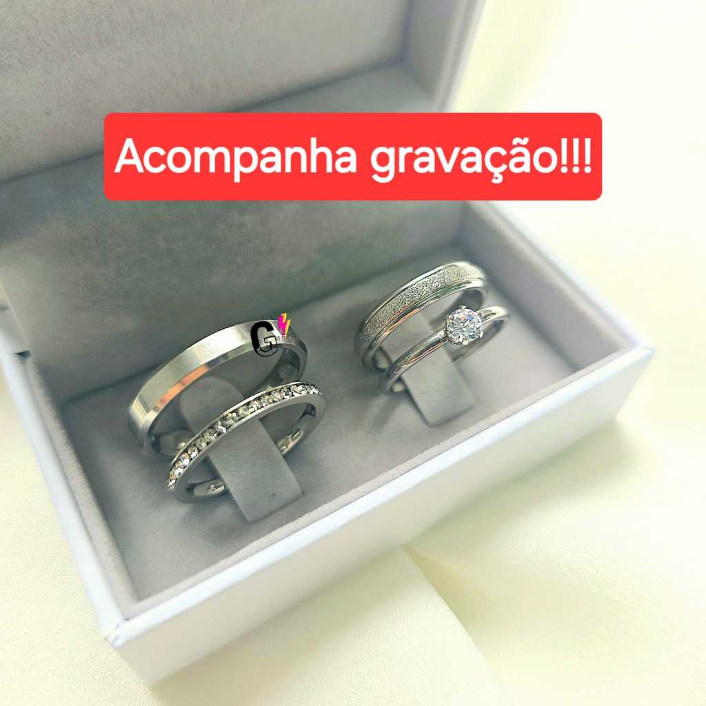 Par de alianças  compromisso 4mm Diamantada  e Lisa banhado a prata 925 + Solitário + Aparador + Gravação (COD-04)