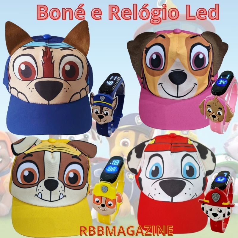 Boné 3D Patrulha Canina + relógio de Led à prova d'água com aplique emborrachado. em Oferta na Shopee