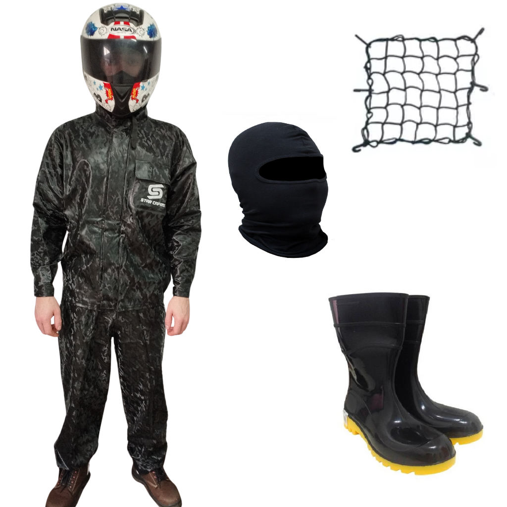 Conjunto Capa De Chuva Camuflado Em Pvc + Bota Em Borracha + Touca Ninja + Rede - Moto Motoboy