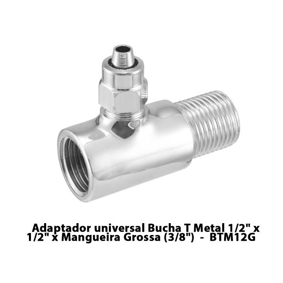 Adaptador universal Bucha T Metal 1/2" x 1/2" x Mangueira Grossa (3/8")  -  BTM12G