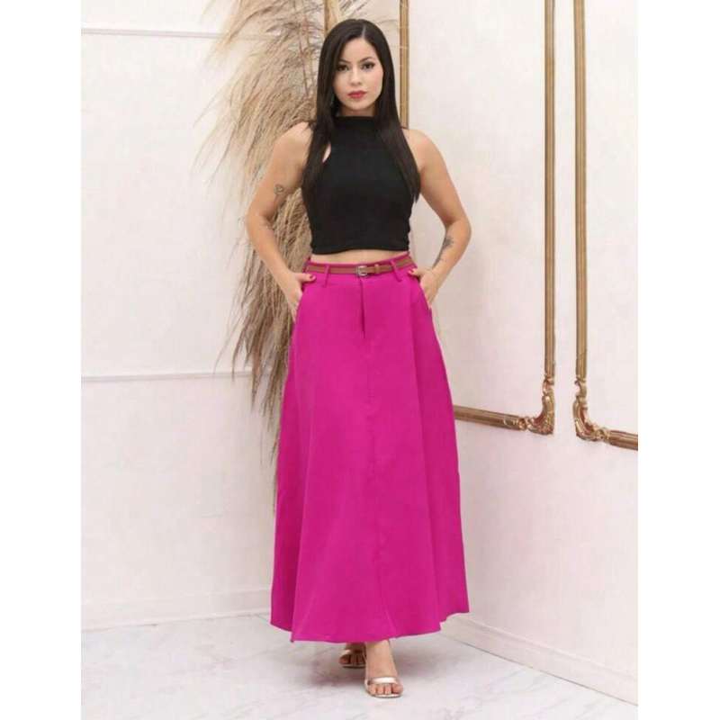 SAIA RODADA LONGA FEMININA ALFAIATARIA MODA EVANGÉLICA CASUAL BÁSICA INVERNO CINTURA ALTA ELEGANTE TENDÊNCIA