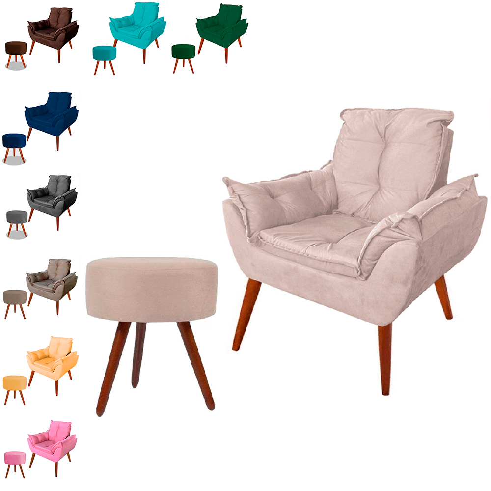 Poltrona + Puff Suede Bege Pés Palitos Para Sal e Recepção