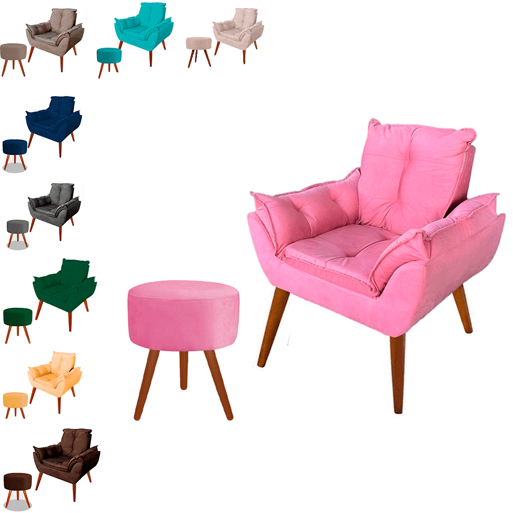 Poltrona Opalla Rosê + Puff Suede Rosê Pés Palito