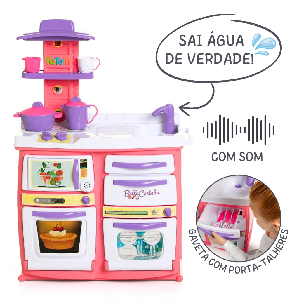 Cozinha Grande Completa Infantil Sai Água Com Som Brinquedo Micro-ondas Lava-Louças Fogão Forno Faz De Conta Com Kit Acessórios Coloridos Brincadeira Comidinha