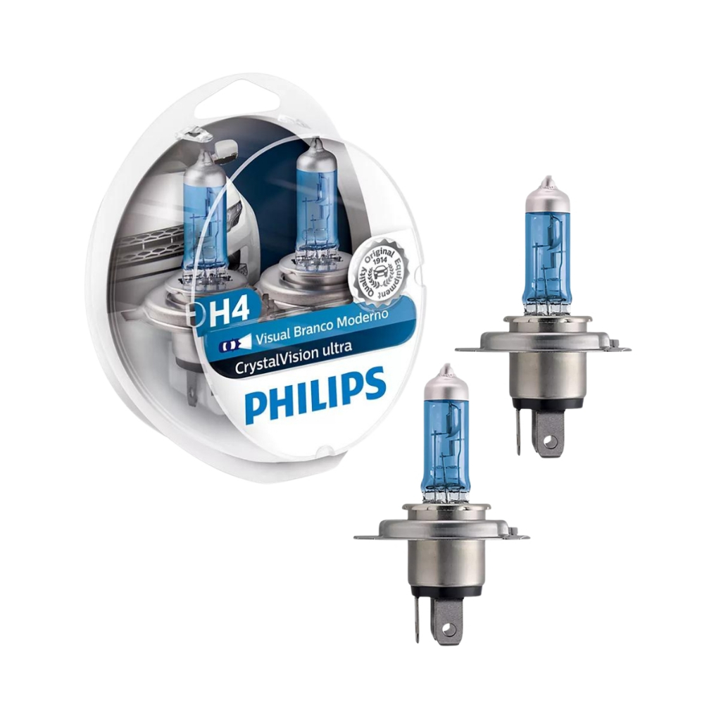 Par Lâmpada Philips CrystalVision H4 12V 60/55W 4100K Xenon Branca em Oferta na Shopee