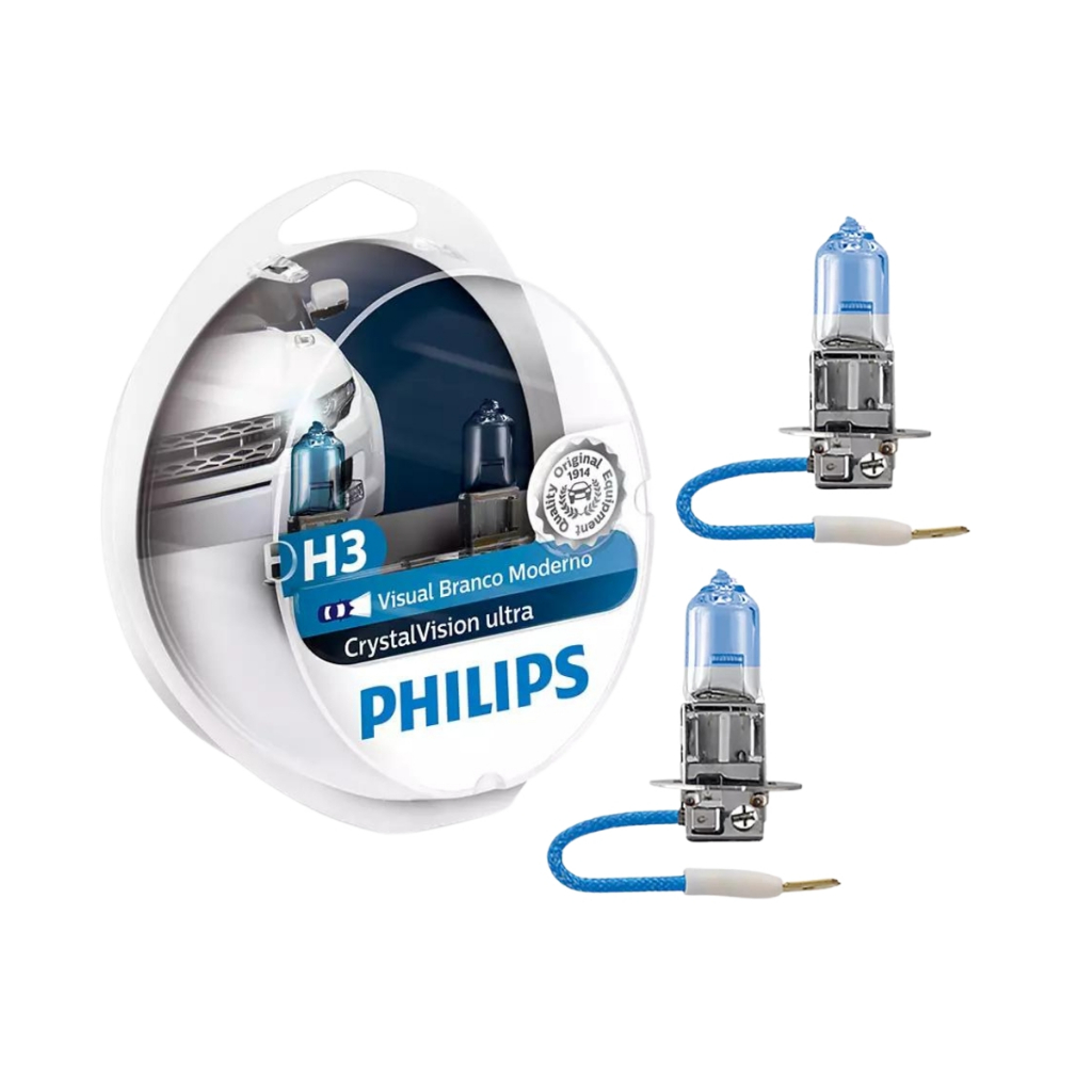 Par Lâmpada Philips CrystalVision H3 12V 55W 4100K Xenon Branca em Oferta na Shopee