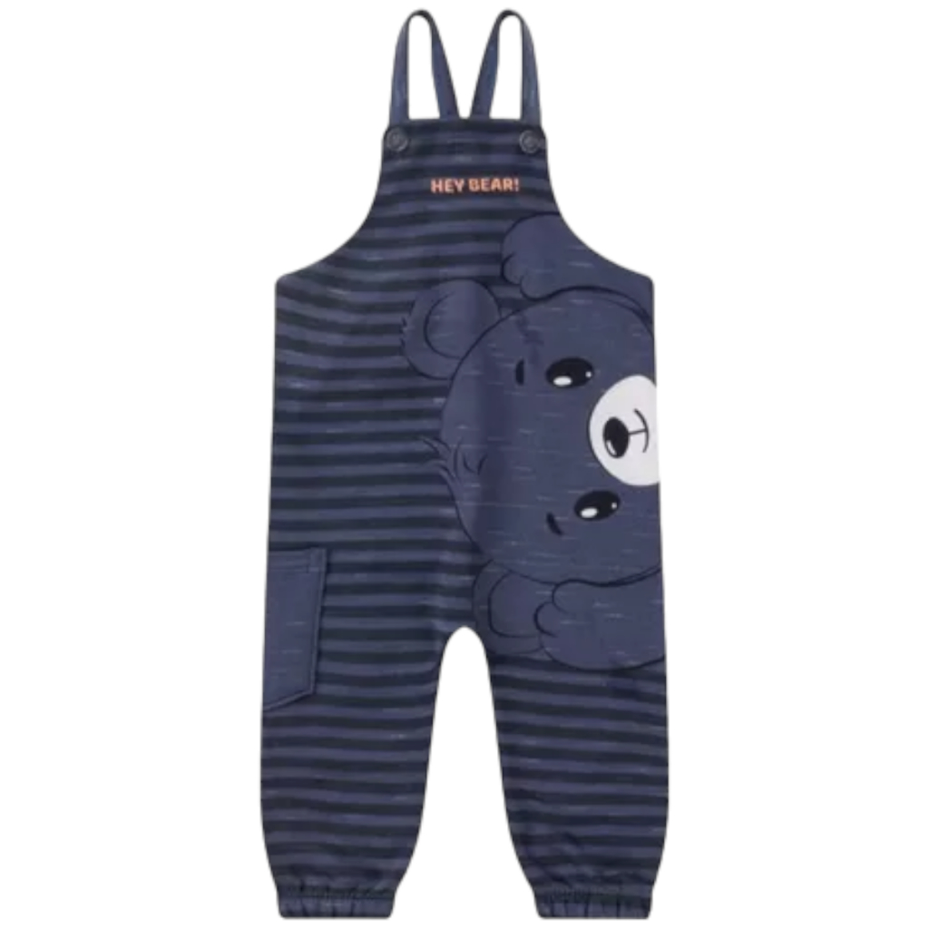 Conjunto Jardineira Ursinho Listrada Com Blusa De Frio Para Bebê Look De Inverno Para Neném