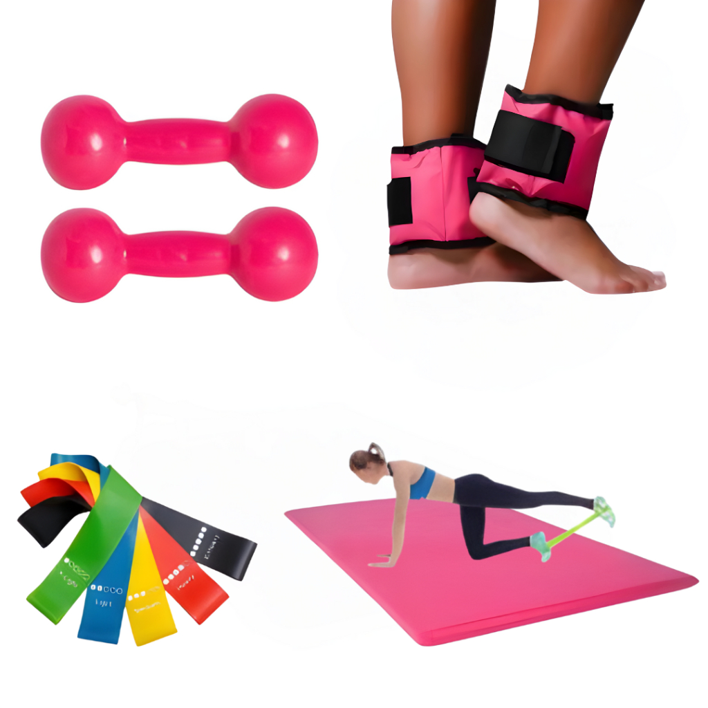 Kit Funcional Par de Halter 3kg + Par de Caneleira 3kg + Colchonete + 5 TheraBand Treino Academia