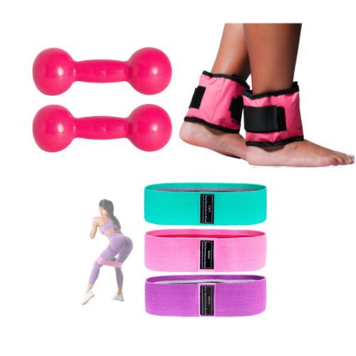 Kit Par de Halter 3kg Emborrachado + Par de Caneleira 3kg + 3 Mini Band Treino Funcional Rosa
