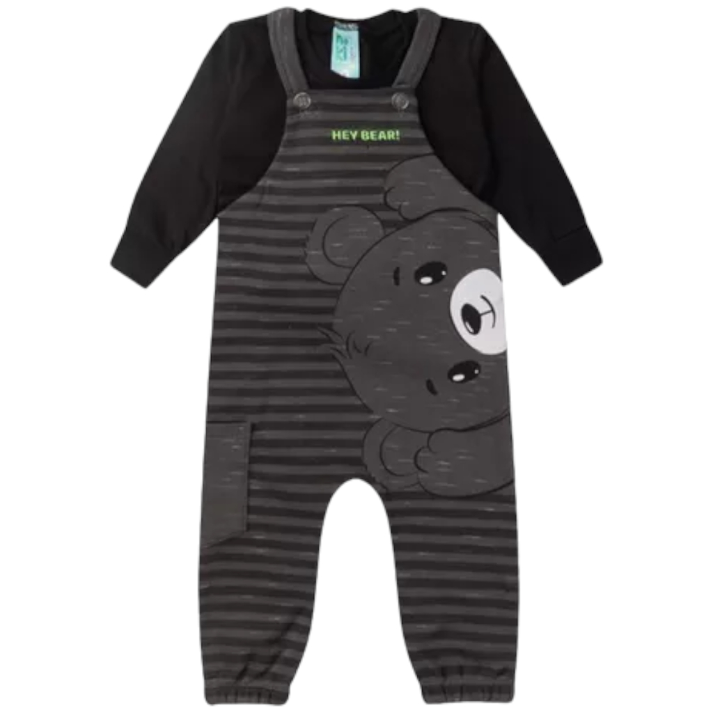 Roupa Para Bebê Conjunto Jardineira De Ursinho Listrada Com Blusa De Frio Inverno Quentinho Fofo