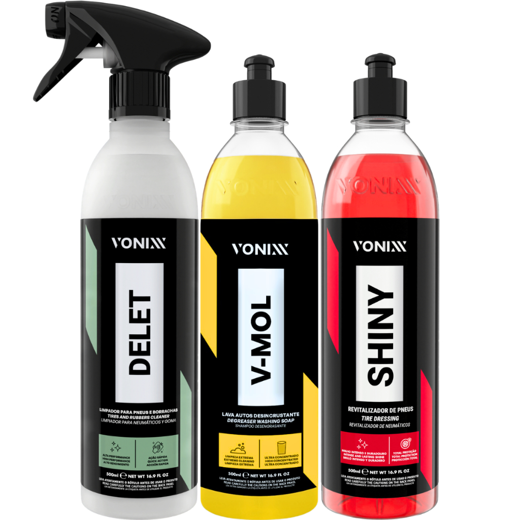 Kit Shiny Pneu Pretinho Brilhante Delet Limpa Pneu V-Mol Shampoo Vonixx