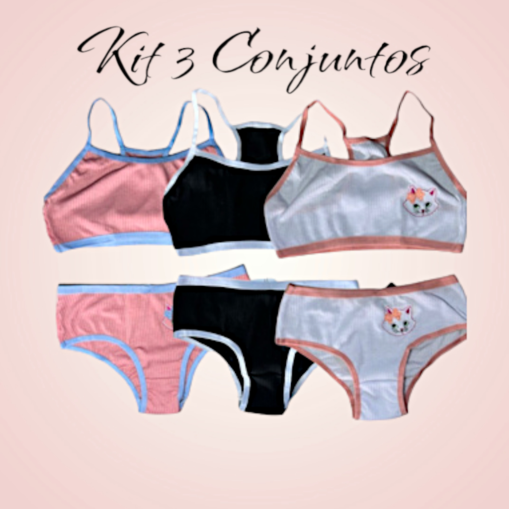 Kit 3 Conjunto Infantil Canelado Bordado Estampado Confortável Top e Calcinha em Algodão Barato Moça
