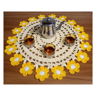 Toalha de mesa para Decoração tipo Sousplat Crochê Amarelo com Margaridas 46cm em Oferta na Shopee