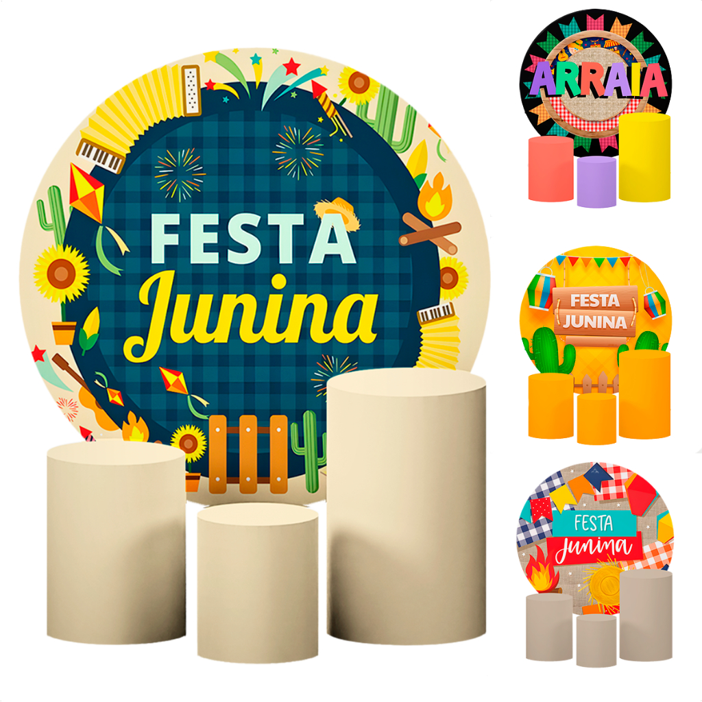 Kit Capas para Painel e Cilindros Festa Junina - 1 Capa para Painel Redondo 1,5m + 3 Capas para Cilindros, Tecido