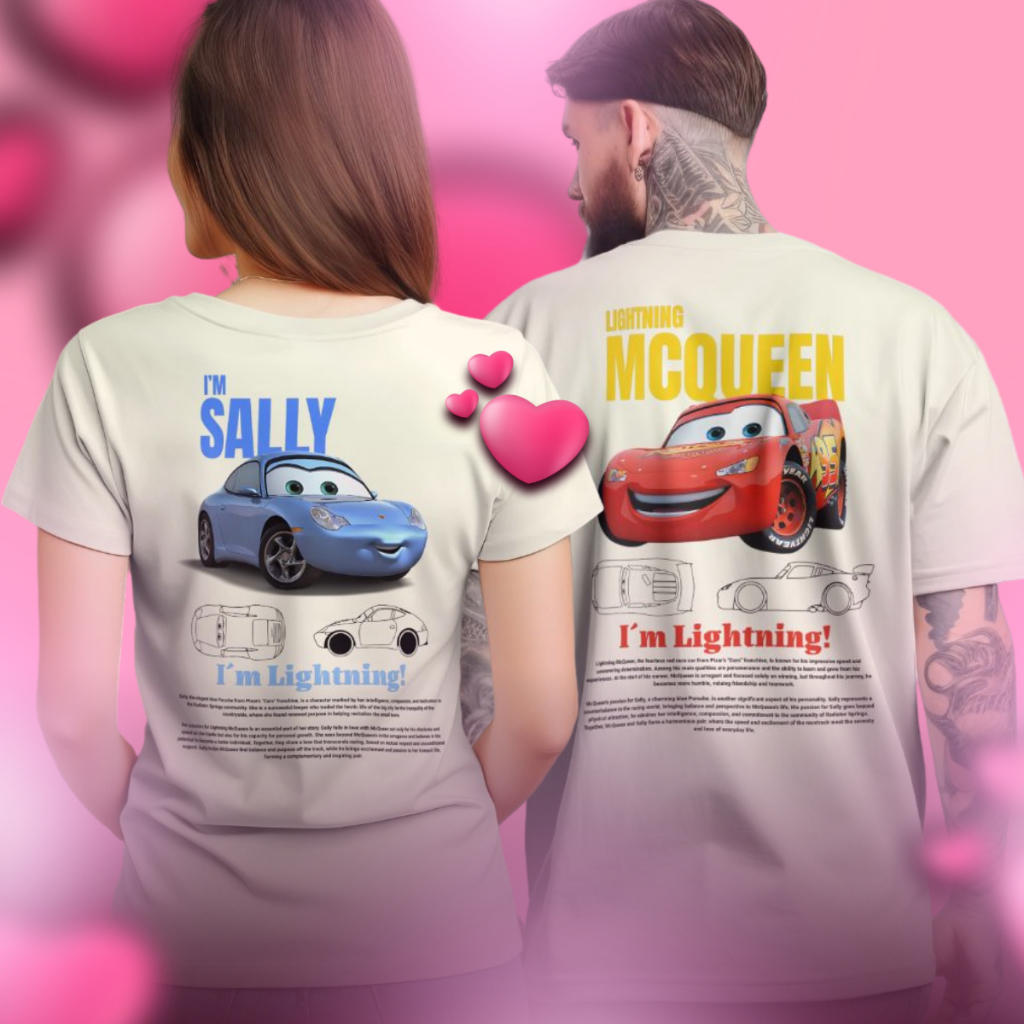 KIT CASAL Camisetas Relâmpago Mcqueen e Sally Oversized Streetwear Unissex offwhite 30.1 Premium