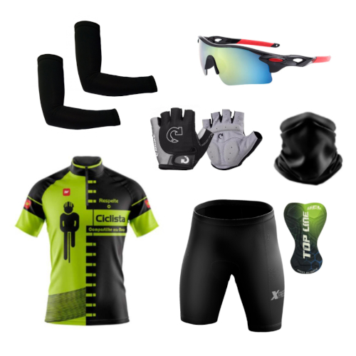 Conjunto Uniforme Ciclismo + Par de Luvas + Óculos de Proteção + Par de Manguitos + Bandana em Oferta na Shopee