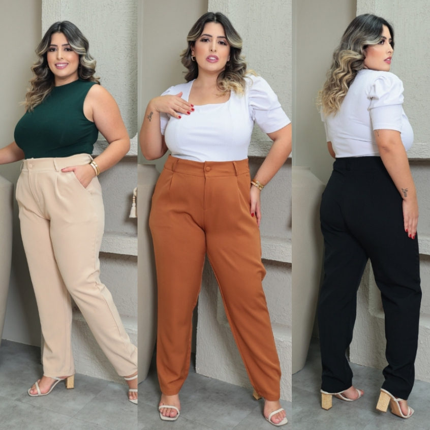 Calça Alfaiataria Feminina Social Com Ziper Plus Size P ao G3 0024
