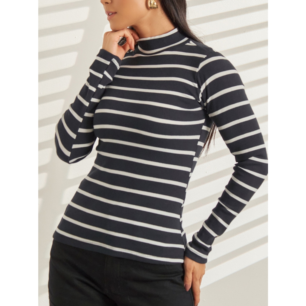 Blusa Listrada Manga longa Basica Simples Algodão Ribana Feminina Canelado Gola Alta