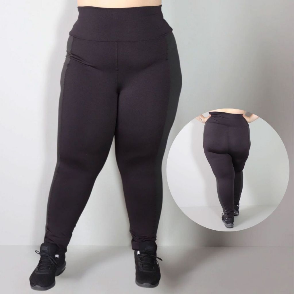 Calça Fitness Plus Size Preta com Cintura Alta e Recortes em Cirrê Conforto e Estilo Envio Imediato