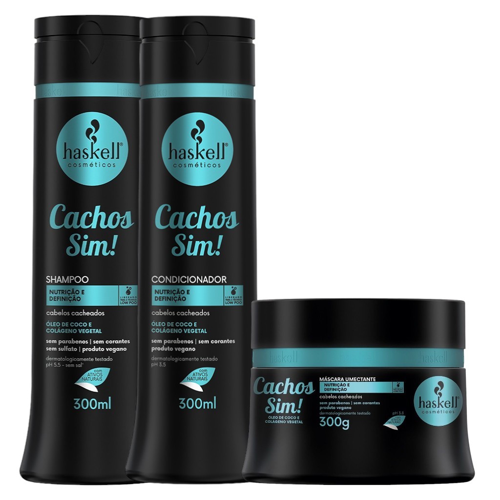 Kit Haskell Cachos Sim Shampoo 300ML 1 Condicionador 300ML  1 Mascara 300ML