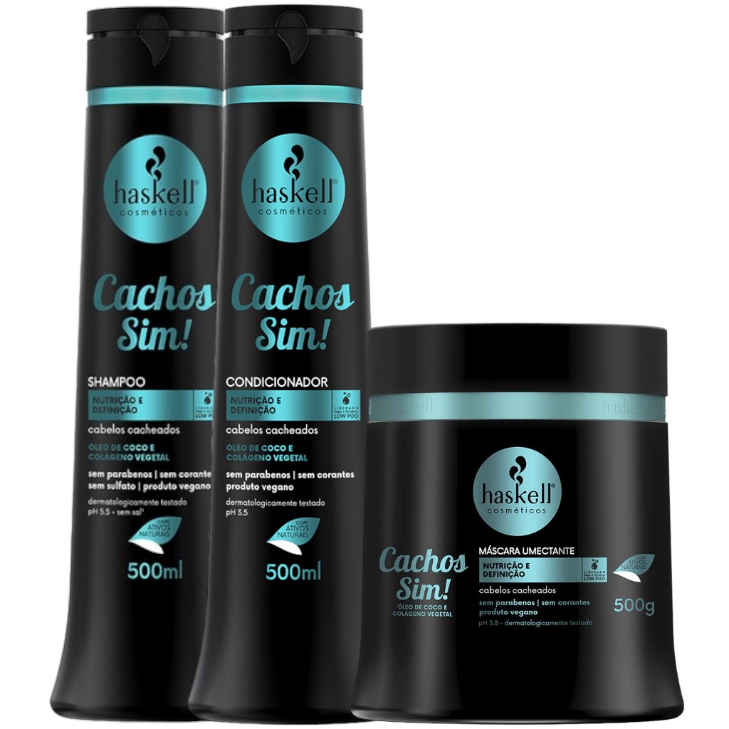 Kit Haskell Cachos Sim Shampoo 500ML 1 Condicionador 500ML  1 Mascara 500ML