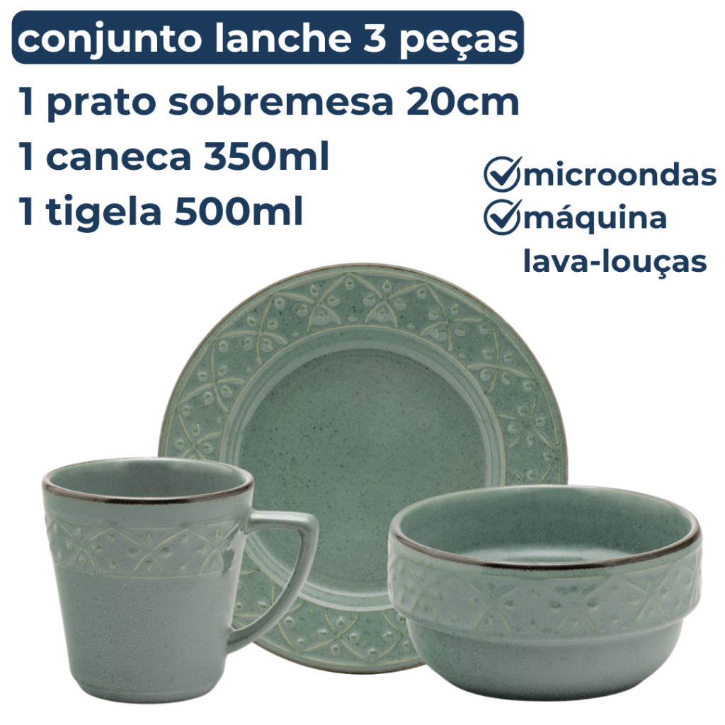 Conjunto Lanche Café da Manhã Bowl Caneca Prato Lanche 3 Peças Malaquita Oxford