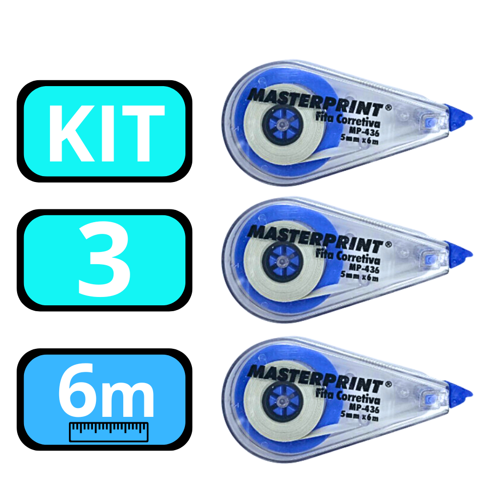 Kit 3 Fitas Corretiva 5mm x 6m secagem imediata corretivo em fita masterprint escolar branquinho