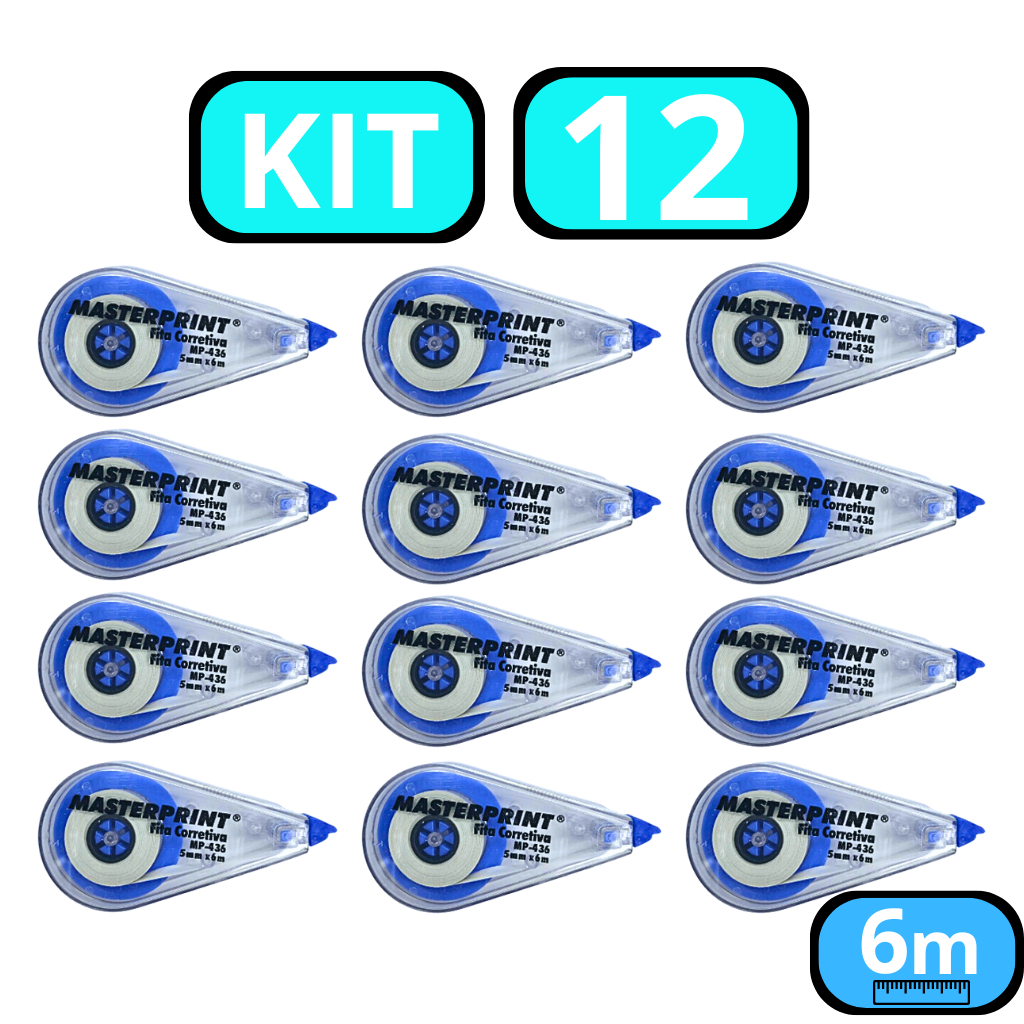 Caixa com 12 Unid Fita Corretivo Escolar 5mm x 6m de Secagem Imediata Masterprint branquinho escolar escritório