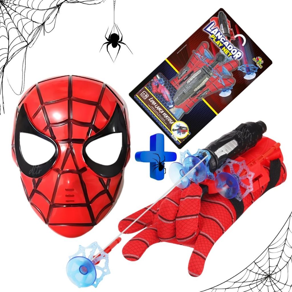Mascara Homem + Luva Infantil Homem Aranha Lança Teia Spider Man