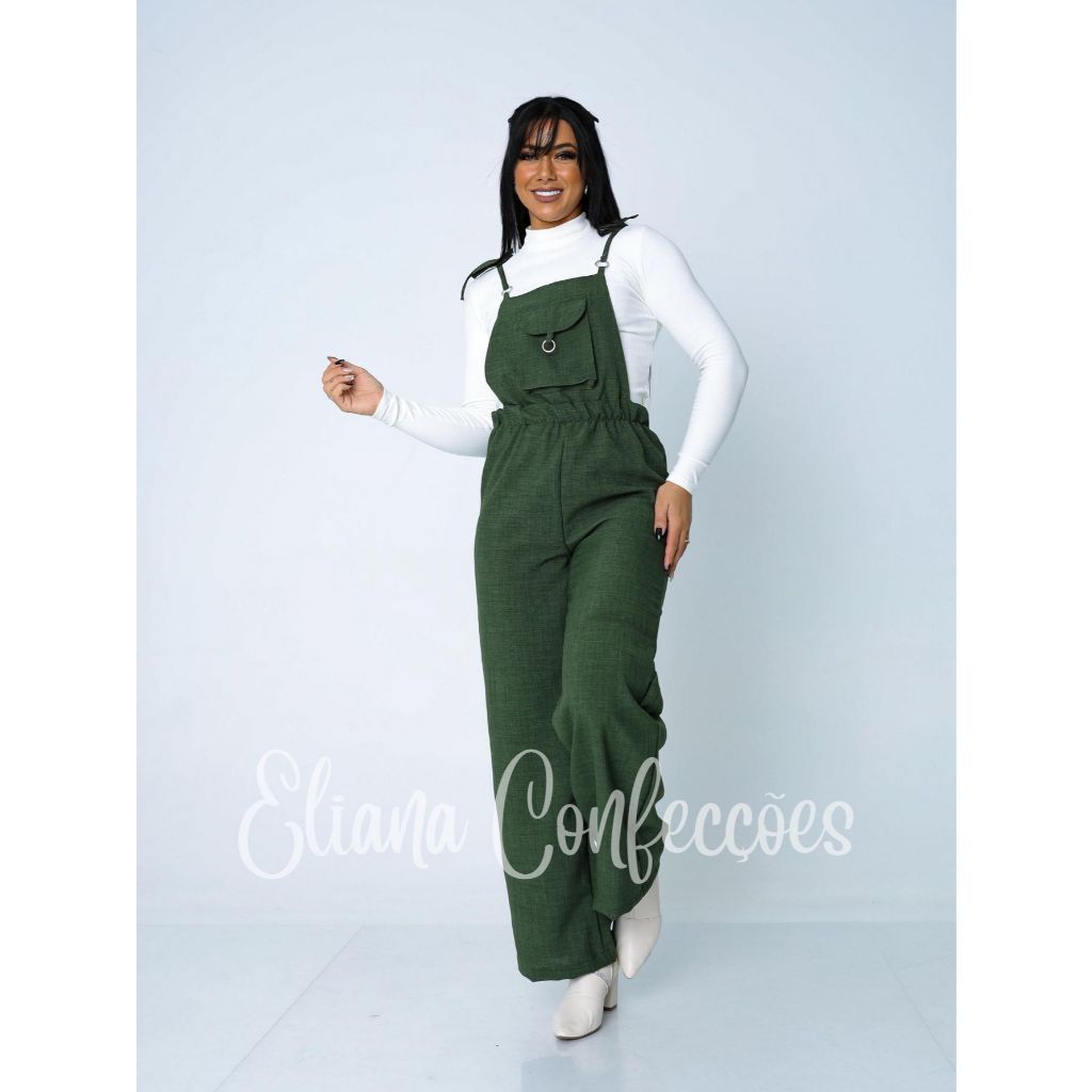 jardineira feminina pantalona alfaiataria com bolso frontal elegante confortável - eliana ...