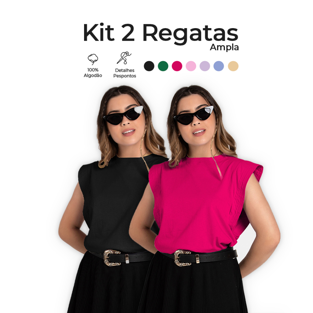 Kit 2 Regatas Feminina Ampla com Pespontos e Cava Lateral 100 Algodão Modelagem Soltinha -...