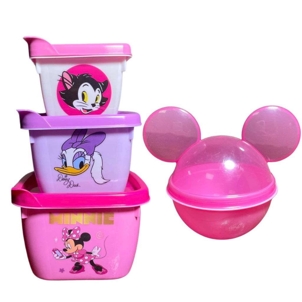 Conjunto 4 Peças Infantil Para Lanche Potes de Merenda Escolar Kit Alimentação Vasilhas de Frutas e Marmita Mickey e Minnie Escola Crianças