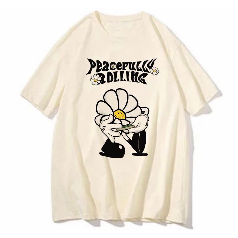 Camiseta Divertida Peacefully Rolling Margarida blusa feminina masculina cartoon estampa camisa estampada legal weed personagem vintage