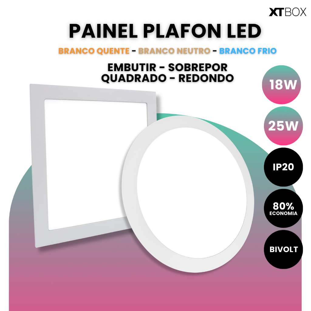 Luminária Led Painel Embutir ou Sobrepor 18w ou 25w Luz Branco Frio, Branco Quente ou Branco Neutro