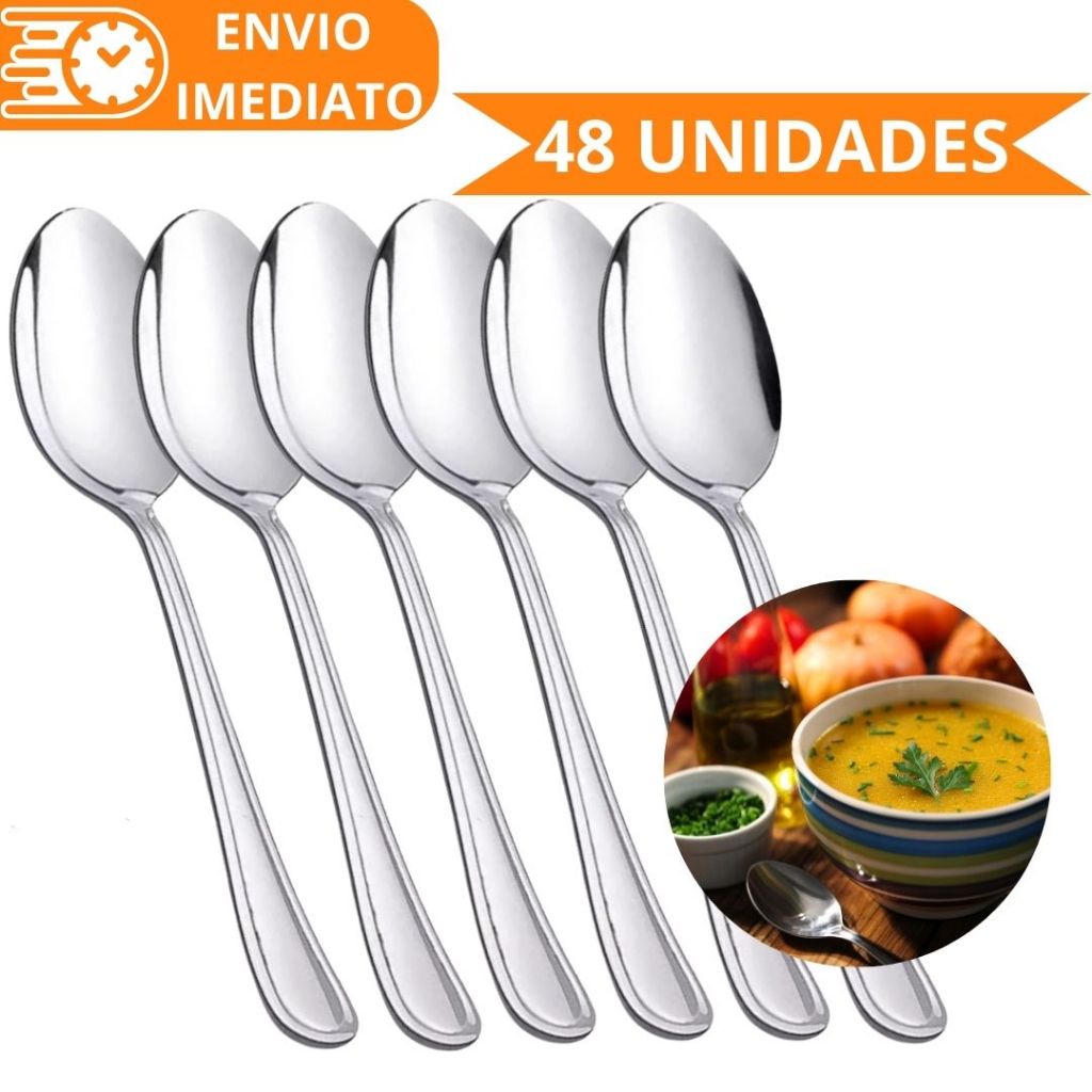 KIT 48 Unidades Colher de Mesa GRANDE Talher 100% Aço Inox Refinada Sopa Arroz Para Casa Cozinha Bar Restaurante Buffet