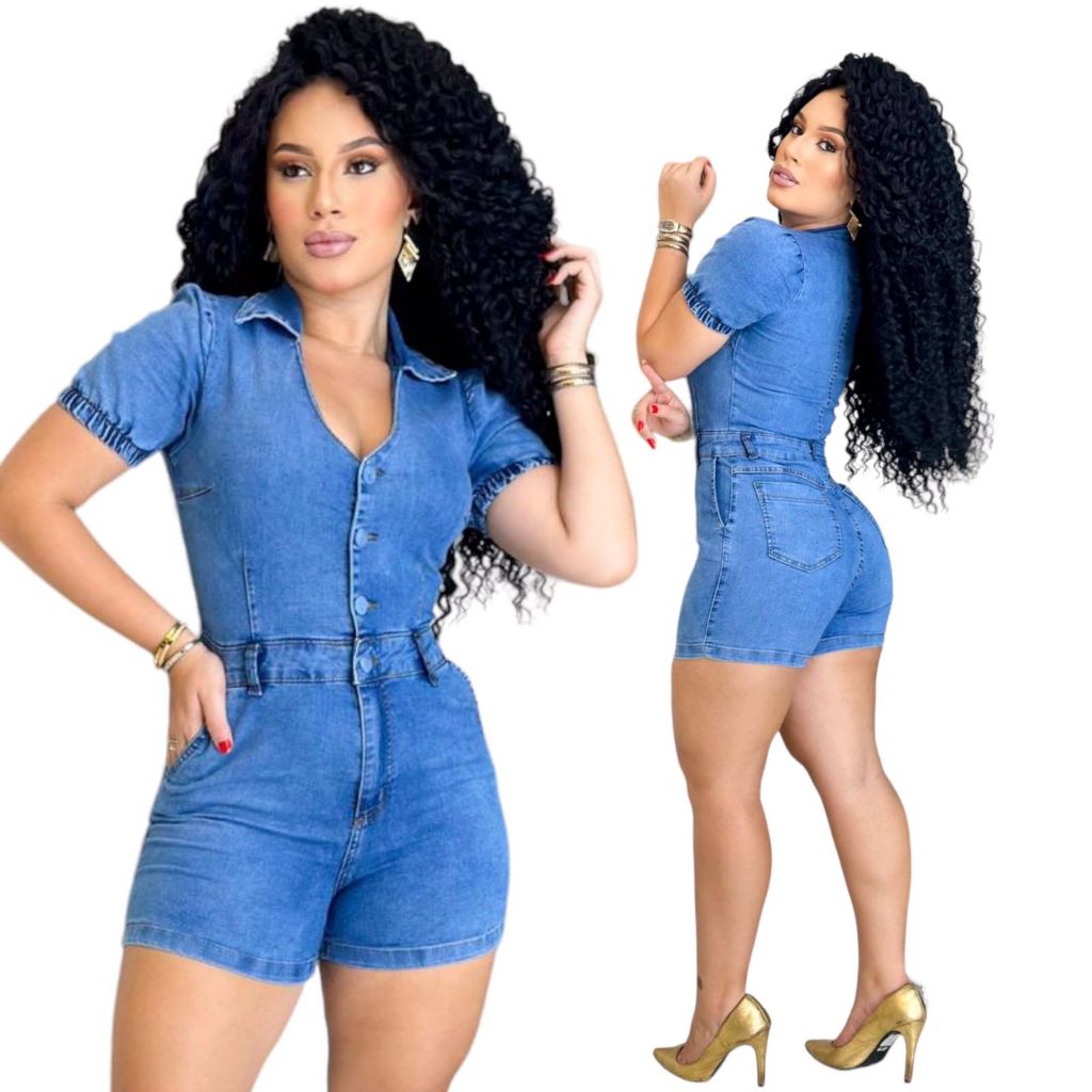 Macaquinho jeans com elastano cós alto fechamento em botões em Oferta na Shopee