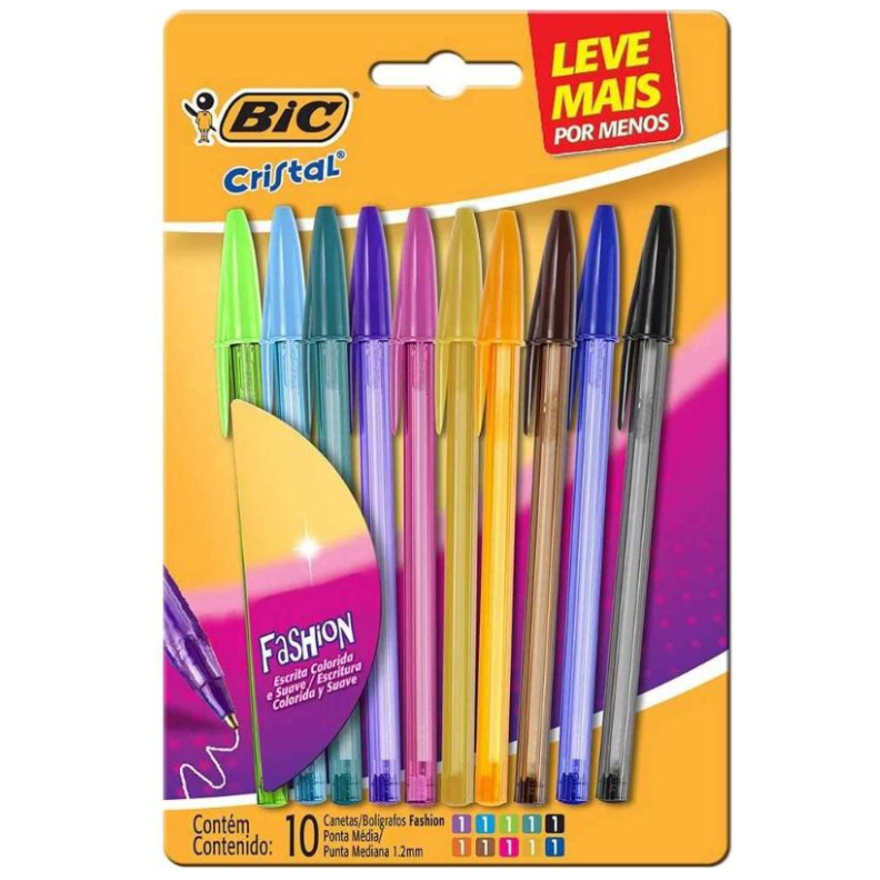 Caneta Coloridas Esferográfica Bic Cristal Coloridas Fashion colorida Kit 10 cores Cristal Ponta Media