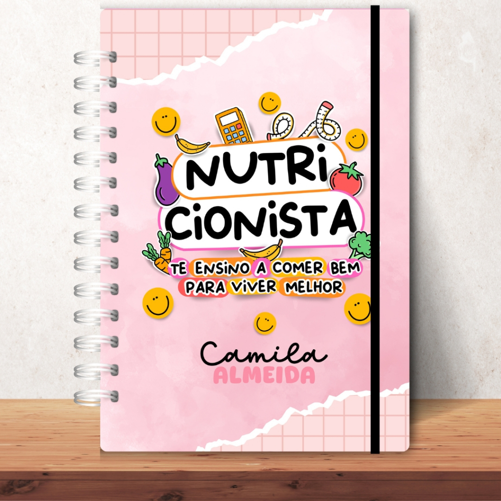 Caderno Personalizado Nutrição Nutricionista com Nome Capa Dura Wire-O 22x16cm Premium 120 Folhas