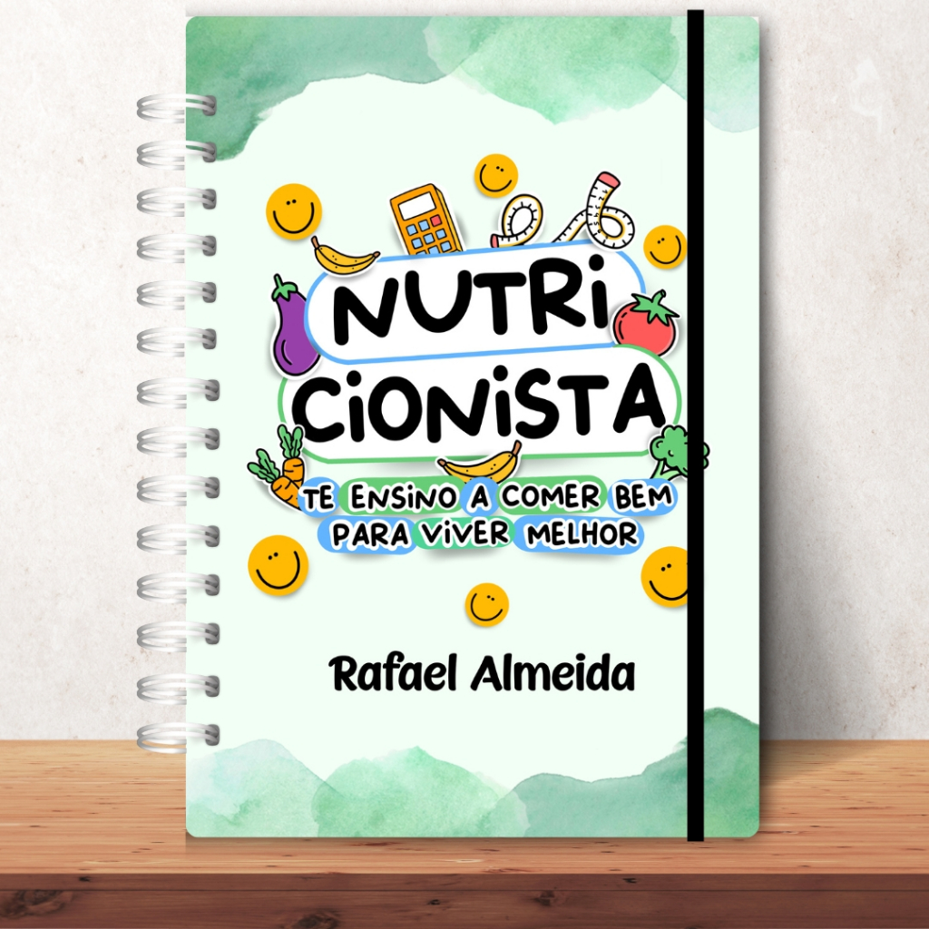 Caderno Personalizado Nutrição Nutricionista masculino com Nome Capa Dura Wire-O 22x16cm Premium 120 Folhas