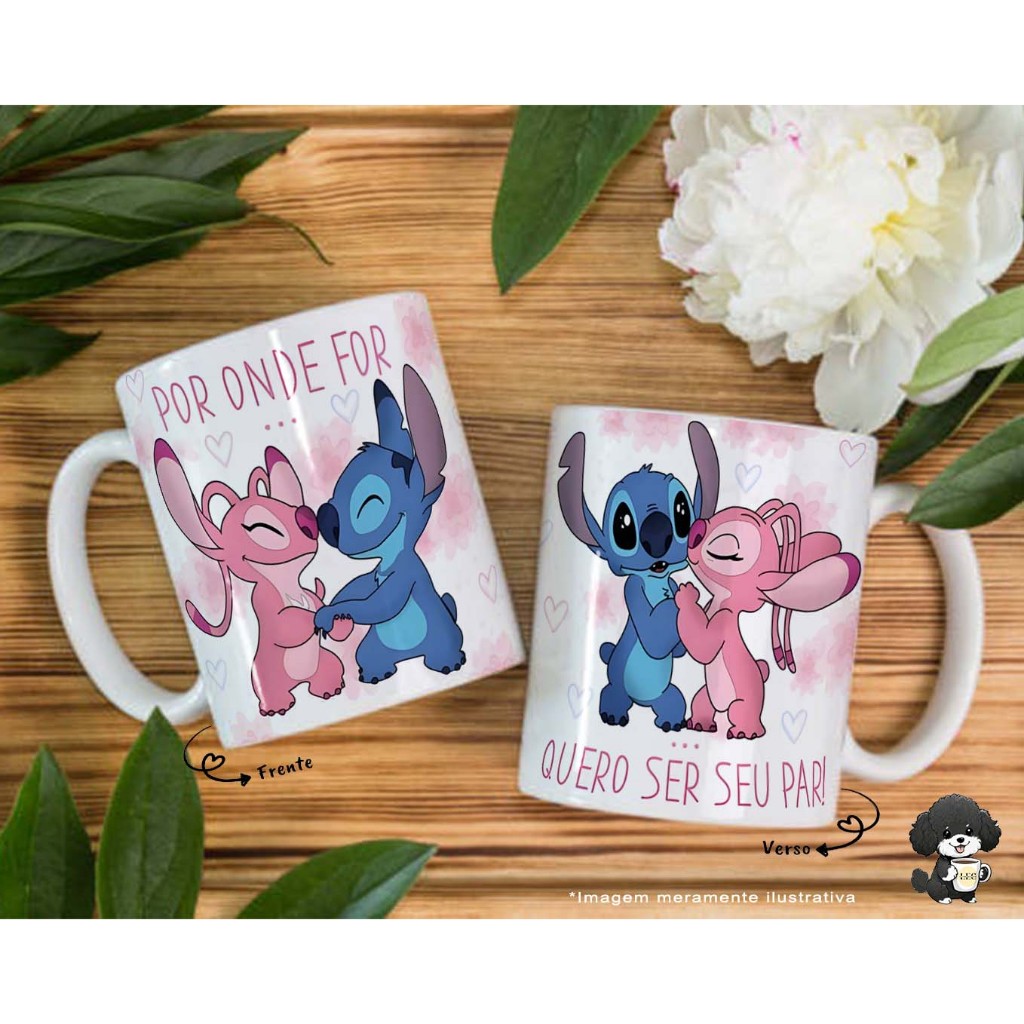 Caneca de Porcelana Namorados Angel e Stitch - Por Onde For Quero Ser Seu Par