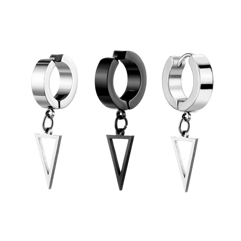 Não Escurece Brinco de Pressão Argola masculino Preto Prata Em Aço Inox triângulo triângulo Vazado
