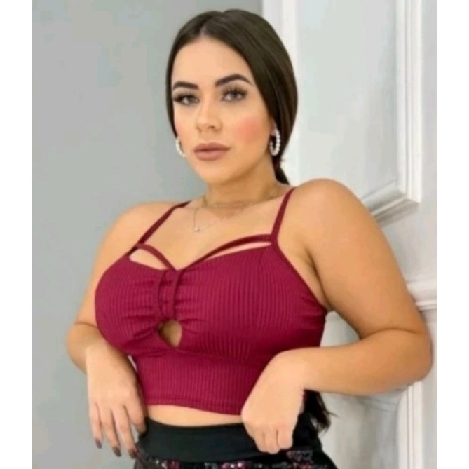 Blusa Cropped Canelada com Bojo Decote Tendência e Duas Alças Tamanho Único Poliéster e Elastano