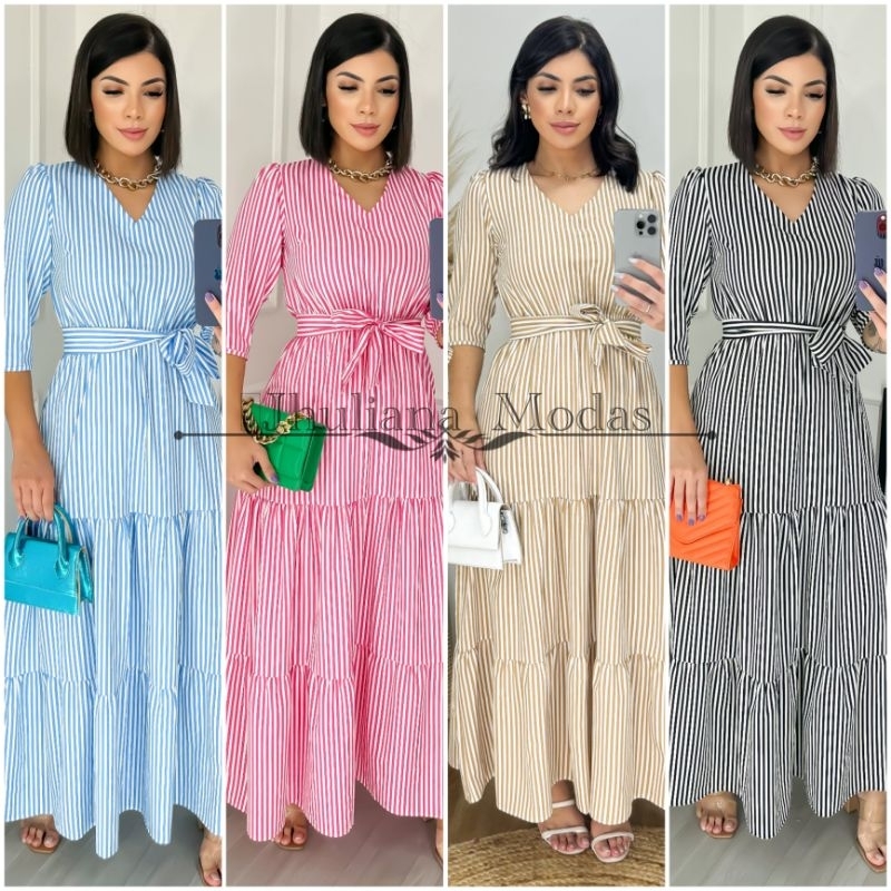 Vestido longo feminino no tecido crepe seda listrado com manga 3/4 em Oferta na Shopee