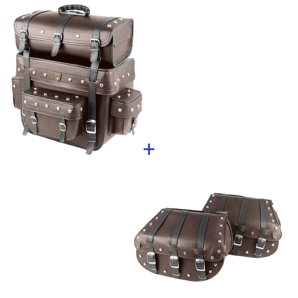 KIT DE ALFORGE 25 LITROS MARRON COM CRAVO COM BOLSA TRASEIRA 60 LITROS COM CRAVO MARRON PARA MOTOS